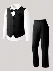 SHEIN Set de 2 piezas de traje elegante para niños preadolescentes que incluye chaleco y pantalones, atuendo formal adecuado para fiestas de cumpleaños, bodas, aniversarios, bautizos y ocasiones formales
