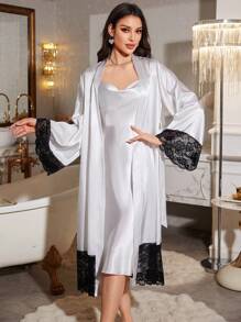 蕾丝边优雅缎面女士睡衣套装 - 白色 - 查看 1