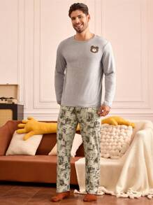 Happy Jammies Men's Bear Print Long Sleeve Top And Full Print Long Pants Loungewear Set - Grey - View 4