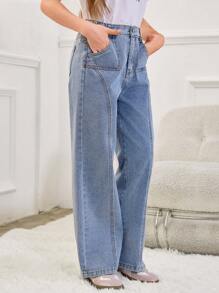 Denimly 直筒牛仔裤 - 中度洗水，青少年女孩休闲日常都市街头