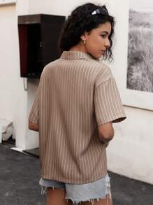 Chiquease Women's Casual Loose Striped Short Sleeve Shirts With Decorative Pockets, Suitable For Spring & Summer