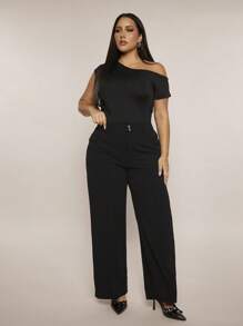 SHEIN BAE Plus Size Women's Black Pocket Button Wide Leg Pants, Office Pocket Long Pants, Y2K Flare Pants, Party Pants, Graduation, Concert, Birthday, Beach, Vacation, Club, Night Out, Summer Pants, Summer, Spring For Women, Concert, Rave, Festival, Vacation, West, Minimalism, Gyaru, Summer Women Pants - Black - View 5