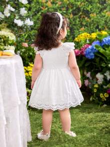 女婴可爱夏季百搭花卉刺绣盖袖连衣裙 - 白色 - 查看 2