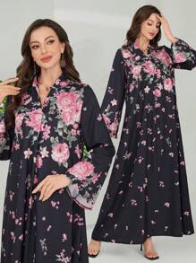 Lacomfia Elegant Floral Print Long Dress, Arabesque Style,Modest - Multicolor - View 3
