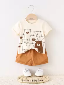 Cozy Pixies 2 stuks Baby Boy Cartoon Bear Patroon Gebreide Zachte Ronde Hals Korte Mouw Pullover Top En Effen Kleur Elastische Taille Shorts Set