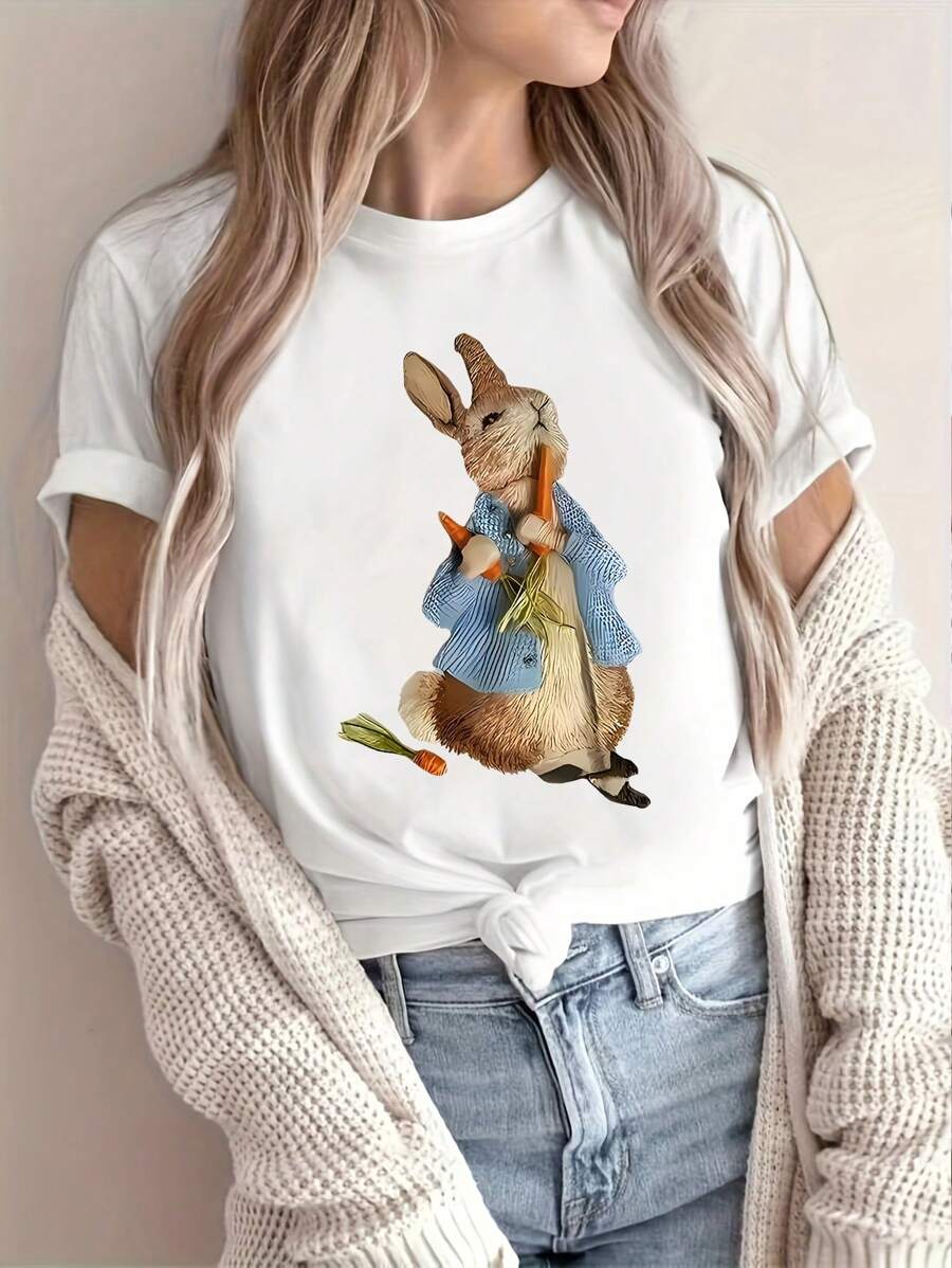 INAWLY 女士休闲宽松兔子印花圆领短袖 T 恤