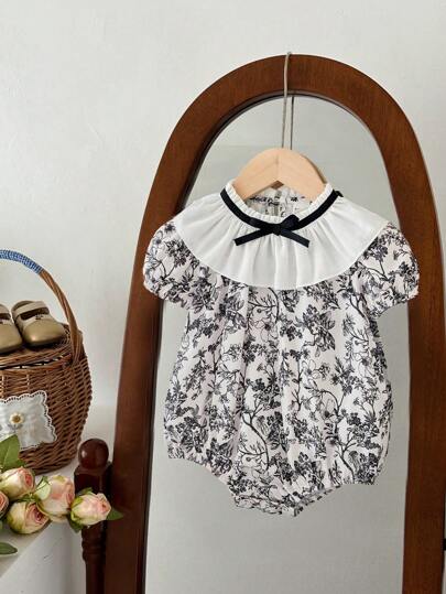 SHEIN LMoss Kids LMoss 新生女婴可爱碎花荷叶边连体衣，夏季