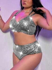 Swim EVENT Plus Size Women 2pcs Glitter Sequin Strap Sexy Bikini Swimwear Set For Summer Beach Vacation - Silver - View 1