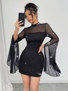 Calvaya Party Metallic Powder Mesh Stof Lange Mouw Mini Jurk Voor Vrouwen