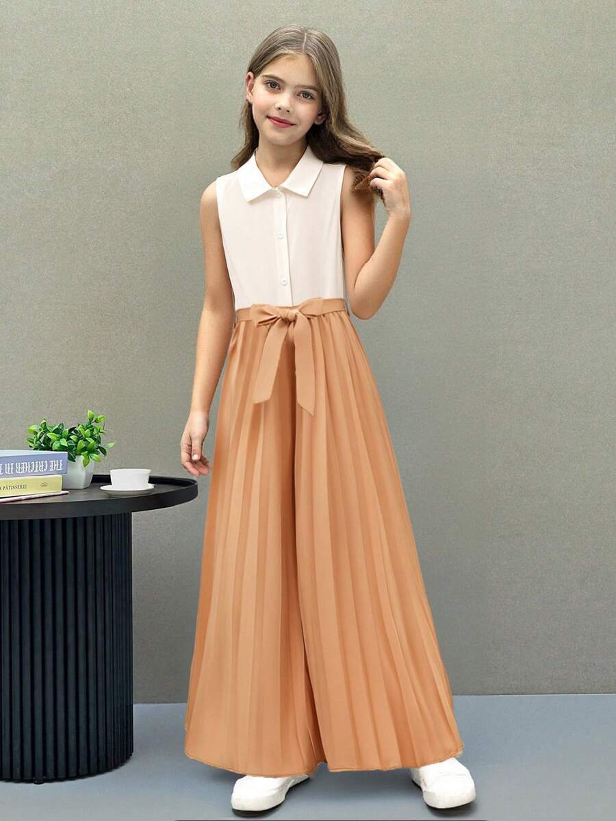 SHEIN Tween-Mädchen Beiger Patchwork-Kontrast-Khaki-Strampler mit langem, plissiertem Taillengürtel und ärmellosem Revers, geeignet für Schule, Reisen, Frühling/Sommer, lässig, täglich, vielseitig - Verschiedenfarbig - Übersicht 1