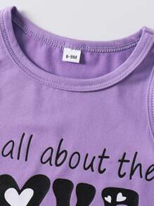 2pcs Baby Girls Fashion Crew Neck Letter & Heart Print Tank Top + Sequins Denim Effect Pants Casual Set, Summer'