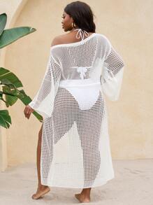 SHEIN Swim Plus Size Knit Crochet Long Cover Up, Suitable For Vacation For Summer