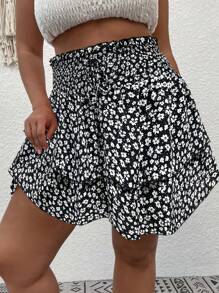 Breezaya Falda acampanada negra y blanca de talla grande con diseño de doble capa y cordón en la cintura, estilo versátil casual/vacacional, de tela floral, adecuada para primavera, verano y otoño