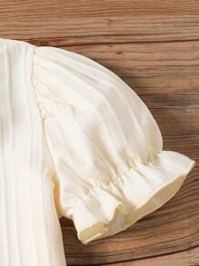 2pcs Baby Girl Casual Crew Neck Puff Sleeve Top And Wide Leg Pants Set, Style For Spring/Summer - Apricot - View 3