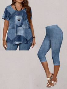 EMERY ROSE 2pcs/Set Plus Size Women Casual Patchwork Denim Effect T-Shirt And 3/4 Leggings Set, Summer