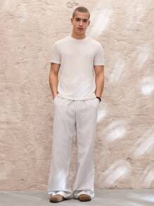 SWAVVY Standard Sized Men's Casual Loose Fit Wide Leg Pants, Light Grey & White Striped, Elastic Waist, Spring/Summer, School