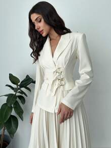SHEIN Privé Women's New Elegant And Commuting Button Decorated Waist Slimming ,Long Sleevele Tops Suit Blazer With Button Tabs & Pleated High Waisted Skirt Two Pieces Set,Slim-Fit Suit,Casual Suit Jacket Set, Business Suit Jacket Set, Pleated Skirt Set,Wedding Set,Solid Color Two Pieces Set, Commuting Two Pieces Set, Teacher Two Pieces Set In Fall/Winter - Apricot - View 8