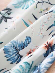 1 Pc Girls Halter Neck Full Prints Vacation Palazzo Pants With Floral & Coconut Tree Pattern, Spring/Summer - Apricot - View 5