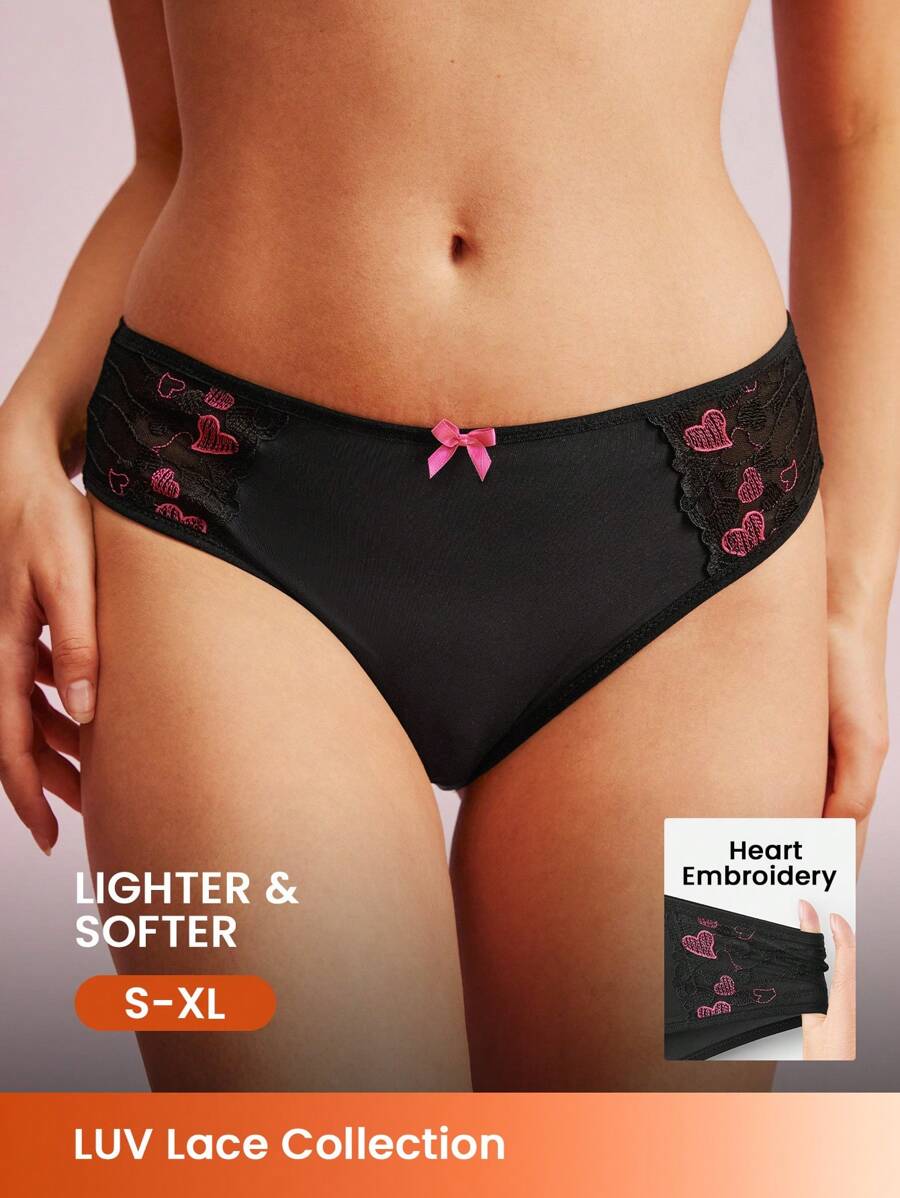 LUVLETTE Quần lót lưới cơ bản ren hình trái tim cạp vừa màu đen gợi cảm cho ngày lễ tình nhân dành cho nữ - màu đen - Xem 1