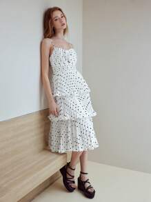 MOTF STUDIO 波点褶饰连衣裙 - 白色 - 查看 3