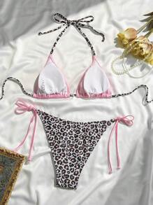 Swim EVENT 春假两件套女士性感比基尼套装，上衣采用吊带和三角形设计，混合纹理和豹纹图案，下装采用侧系带三角形剪裁，豹纹和纹理面料拼接，节日和沙滩/泳池派对泳装 - 粉色 - 查看 4