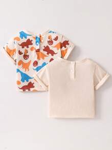 2pcs Toddler Boys Cute Dinosaur Graphic Khaki Short Sleeve T-Shirt