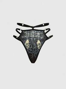 ROMWE Gothic Skeleton Cage Bra & Panty Set - Black - View 3