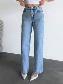 RueChic Jeans casual dritti in vita alta lavati per donna