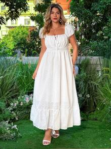 Flirla Đầm Maxi Xếp Ly Hoa Cỡ Lớn Cho Nữ, Cổ Vuông Buộc Dây, Tay Phồng - trắng - Xem 6