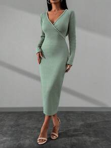 SHEIN Cottnline Embellished Pearl Detailed Beige V Neck Long Dress - Mint Green - View 4