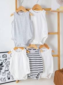 5件套新生儿男女宝宝夏季可爱针织条纹无袖连体衣，室内/室外基础叠穿套装 - 彩色 - 查看 1