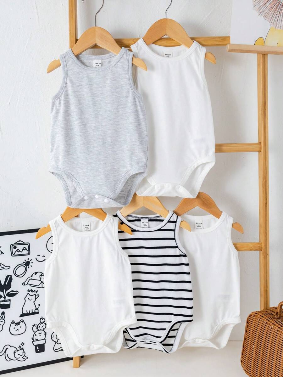 5件套新生儿男女宝宝夏季可爱针织条纹无袖连体衣，室内/室外基础叠穿套装 - 彩色 - 查看 1
