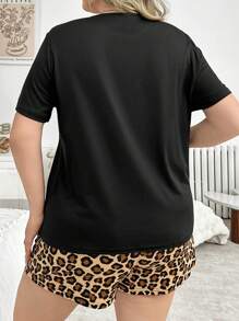 Heart Print Short Sleeve Top And Leopard Shorts Plus Size Pajama Set - Black - View 2