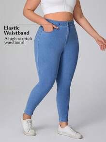 SHEIN Essnce Plus Size Front Button Pocket Simple Slim Fit Casual Jeans Stretchy Knit Denim Apple Bottom Jeans - Blue - View 7