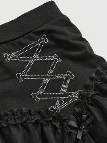 ROMWE Grunge Punk Bộ 2 trang phục lễ hội âm nhạc thời trang Y2K - Áo crop top ren tương phản đính đá & chân váy ngắn cạp trễ dành cho nữ - màu đen - Xem 8