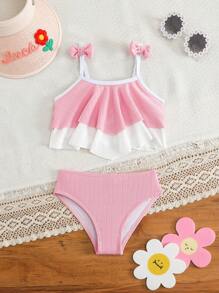 "Young Girls Bikini Sets女童(小)泳衣套装
提花面料粉色白色拼色飞边儿童分体泳衣套装时尚休闲精致华丽淑女适合游泳适合度假适合夏季" - Pink - View 3