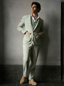 Manfinity VCAY 2pcs Men Slim Fit Notched Collar Fashion Casual Suit Set, Suitable For Daily Office - Green - View 18