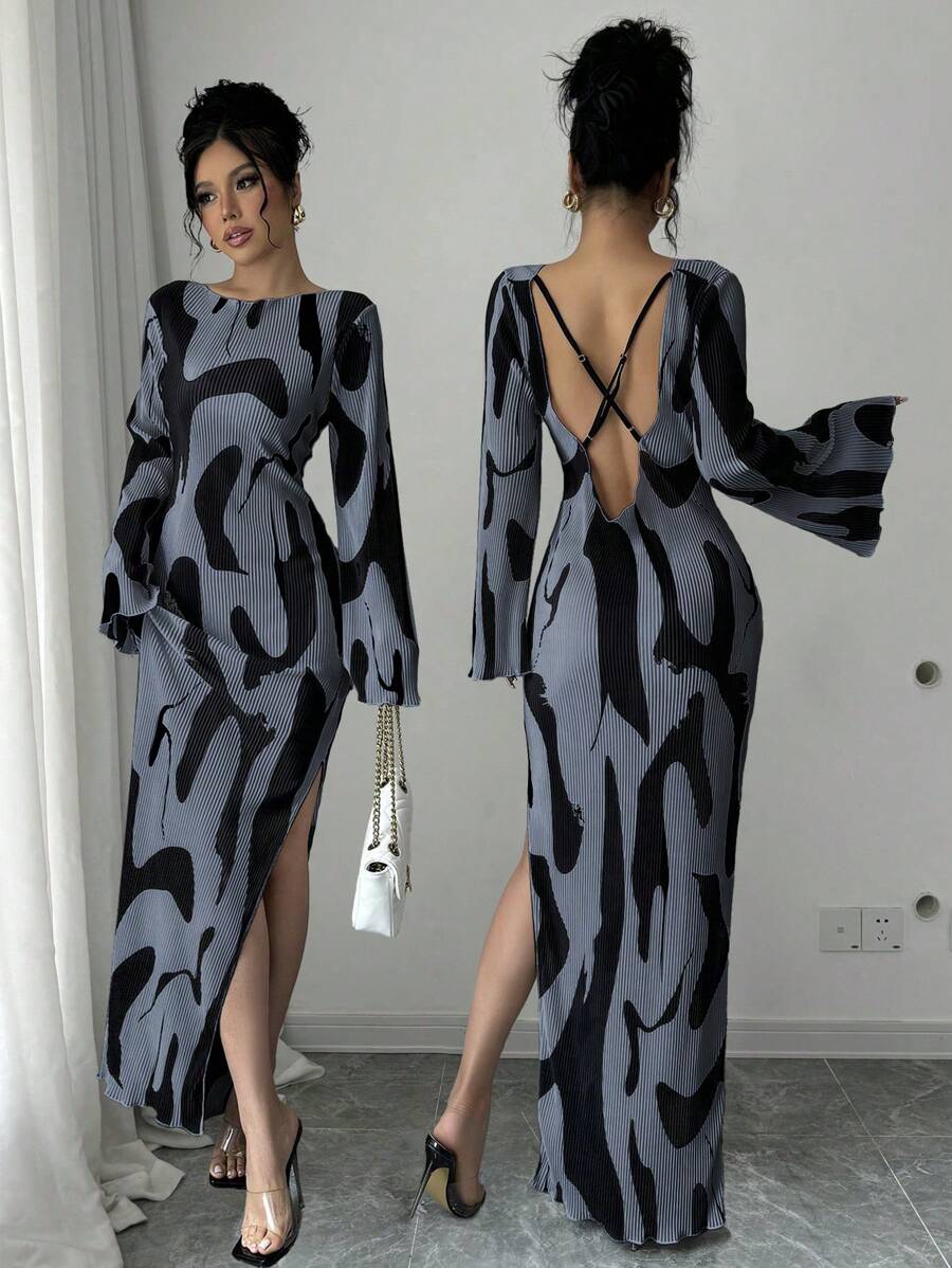 Chiquease 女士图案印花深 V 形后背扭纹交叉长袖褶皱侧开衩下摆连衣裙 - 灰色 - 查看 1