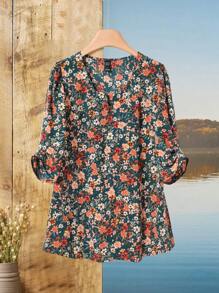 EMERY ROSE Blusa de manga abultada con estampado floral diminuto para vacaciones