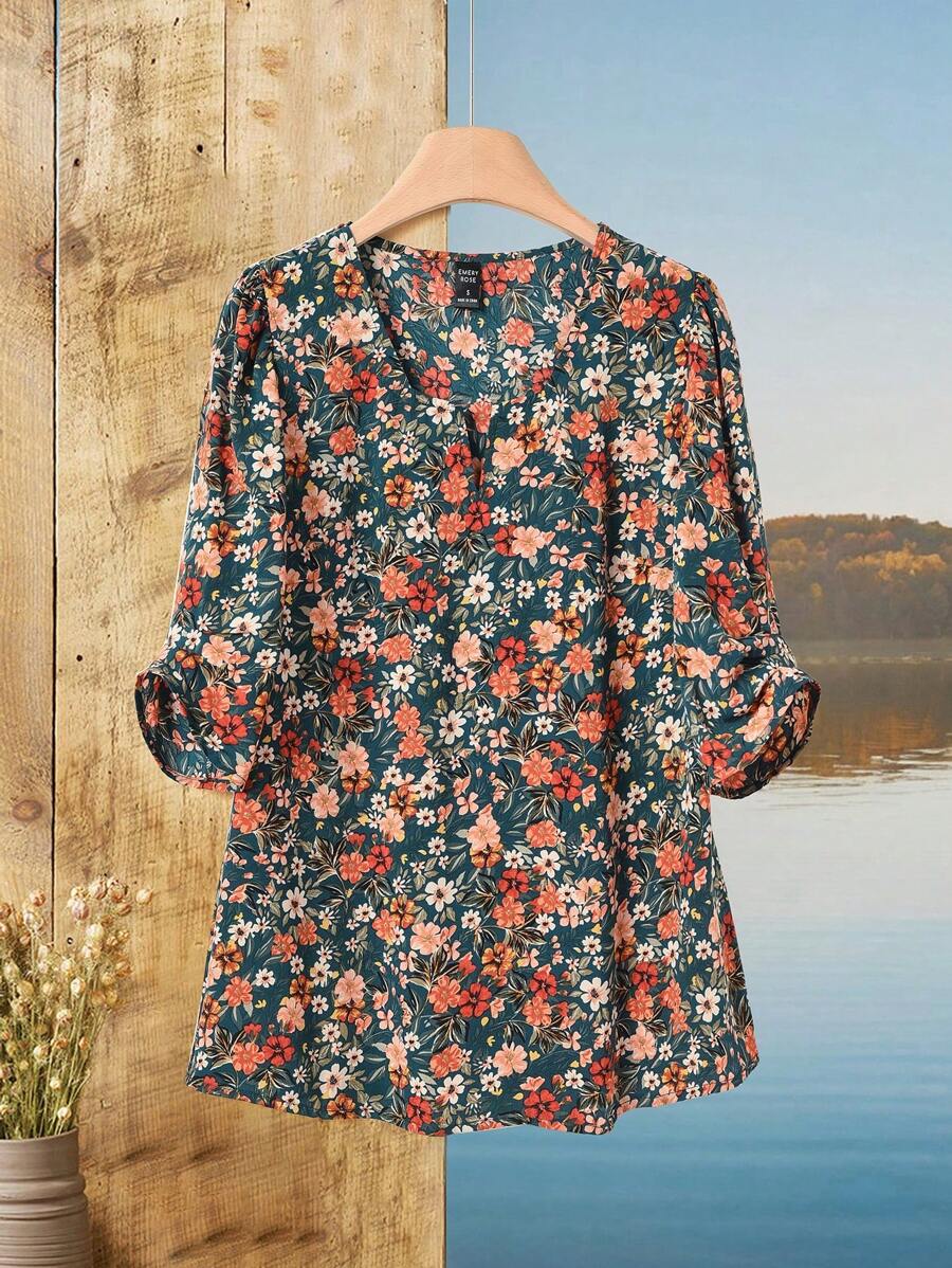 EMERY ROSE Blusa de manga abultada con estampado floral diminuto para vacaciones