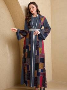 Al Najma 2 chiếc/bộ áo khoác cardigan dài in họa tiết chắp vá cho nữ và váy không tay - Màu xanh bụi bặm - Xem 4