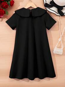 SHEIN Vestido elegante y lindo para niña preadolescente con decoración de lazo rojo para ocasiones cotidianas y de princesa - Negro - Ver 2