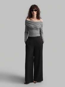 Ontre 2025 New Women's Long Sleeve Solid Grey Crossover Off Shoulder Pleated Fitted Top, Spring/Summer Holiday Clothing, Valentine's Day