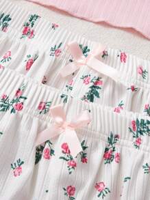 3pcs/Set Teenage Girls Elegant Casual Homewear, Includes Lace Trim Camisole Top, Ditsy Floral Shorts, And Solid White Long Pants Summer Kids  Lace Trim - White - View 3