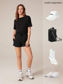 GLOWMODE 2 Pieces  Modal Relaxed Fit Tee & 2.5'' CloudKnit Adjustable Drawstring Waist Shorts With Side Pockets Set Daily Casual Spring Summer - Black - View 7