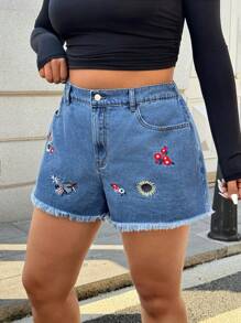 SHEIN EZwear Plus Size Flower Embroidery Distressed Denim Shorts - Light Wash - View 2