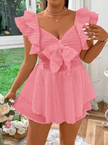 Flirla Plus Size V-Neck Bowknot Romper - Dusty Pink - View 3