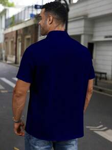 Manfinity Homme Plus Size Men's Casual Versatile Solid Color Shirt, Dark Blue Shirt Men