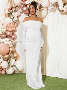 Loomaby Maternity Elegant Solid Off Shoulder Dress - Apricot - View 7