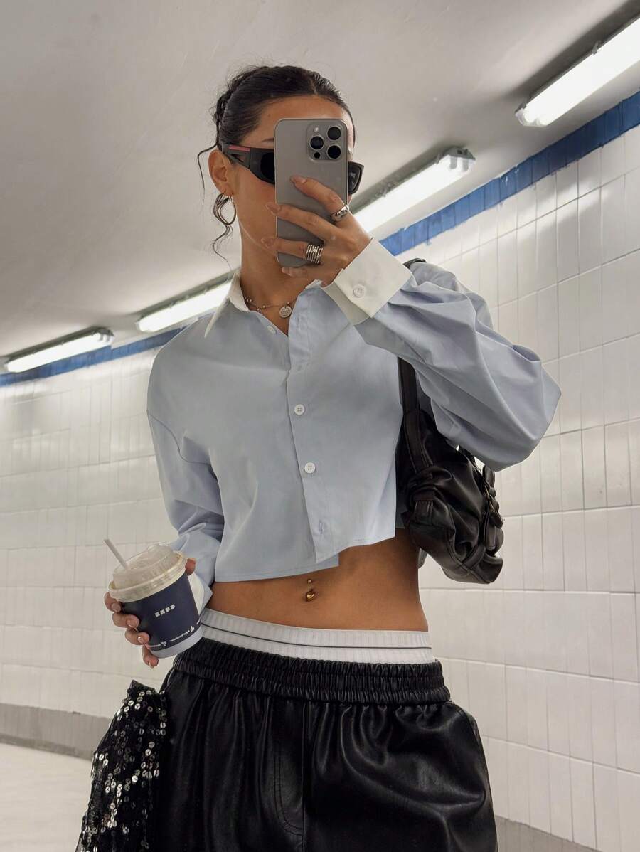 StreetHx 女士休闲街头风格长袖短款衬衫